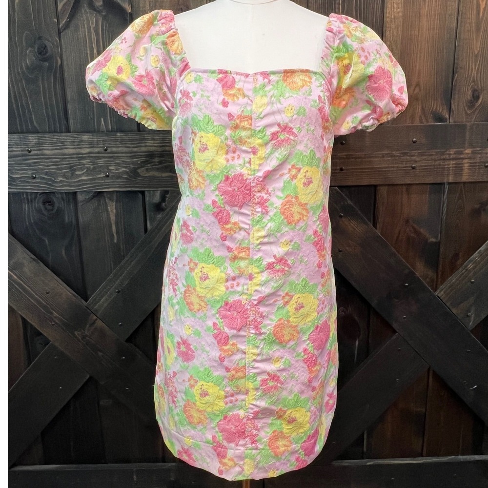 THML Sunshine Flower Jacquard Dress S Pink Floral Puff Brocade Cottage NWT